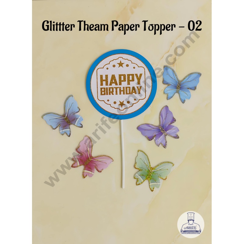 CAKE DECOR 6 pcs Blue Round Happy Birthday Day Tag with Multi Colour Glitter Butterfly Paper Topper For Cake And Cupcake