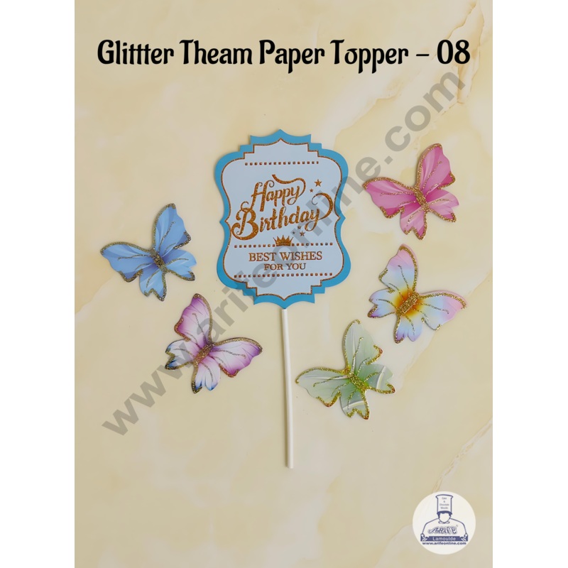 CAKE DECOR 6 pcs Blue Vintag Happy Birthday Day Tag with Multi Colour Glitter Butterfly Paper Topper For Cake And Cupcake