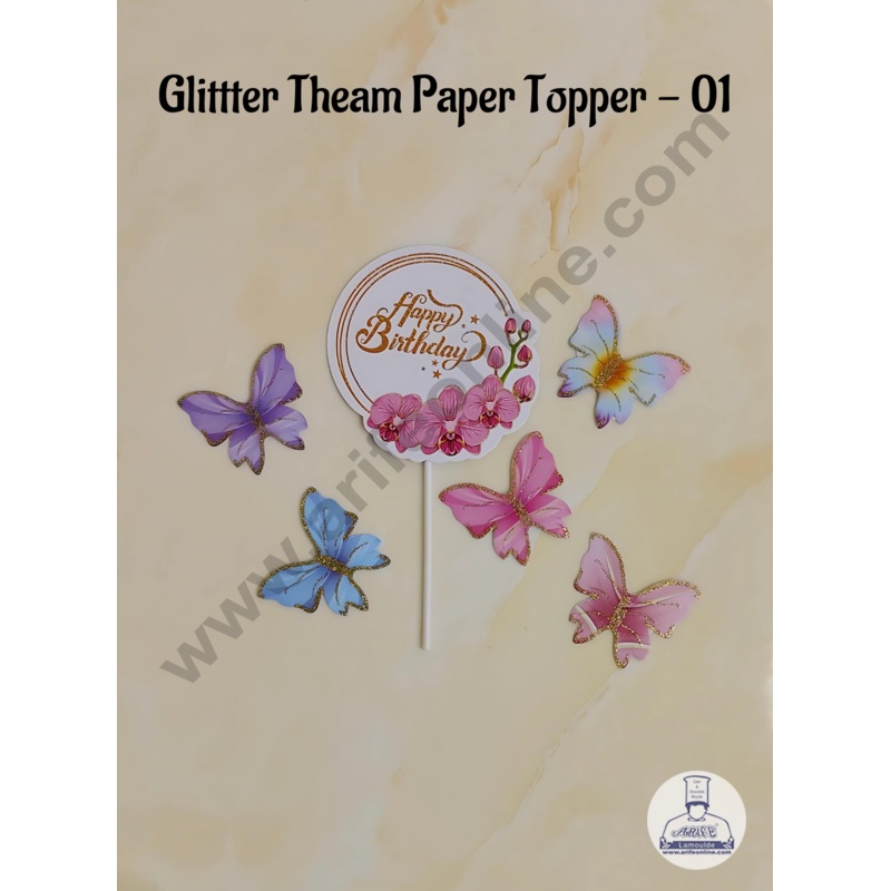 CAKE DECOR 6 pcs Pink Round Happy Birthday Day Tag with Multi Colour Glitter Butterfly Paper Topper For Cake And Cupcake