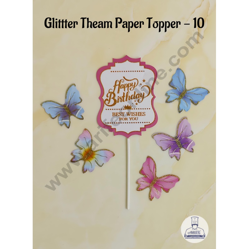 CAKE DECOR 6 pcs Pink Vintag Happy Birthday Day Tag with Multi Colour Glitter Butterfly Paper Topper For Cake And Cupcake