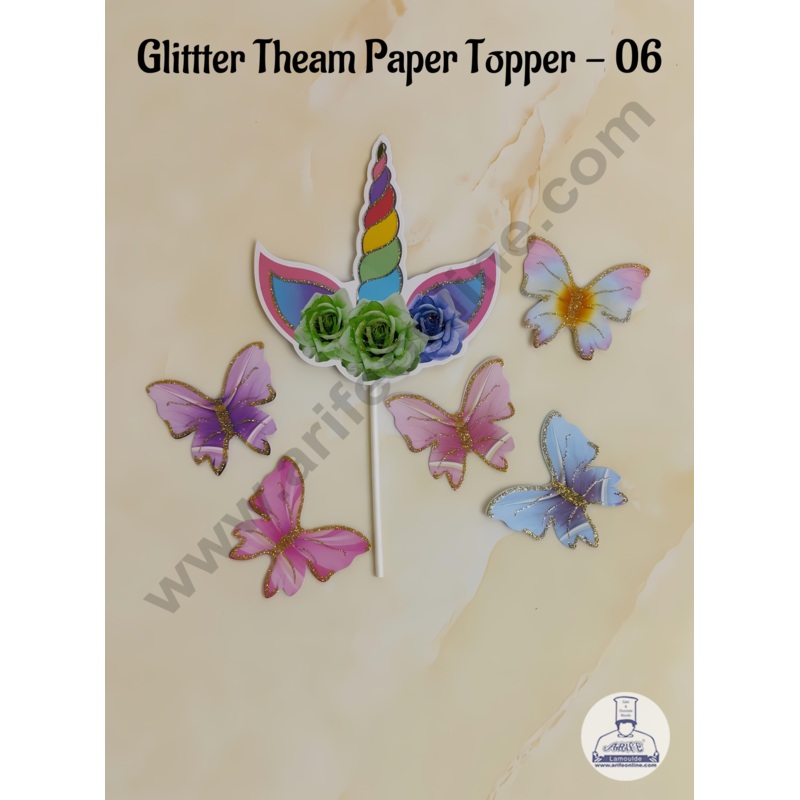CAKE DECOR 6 pcs Unicorn Horn Tag with Multi Colour Glitter Butterfly Paper Topper For Cake And Cupcake