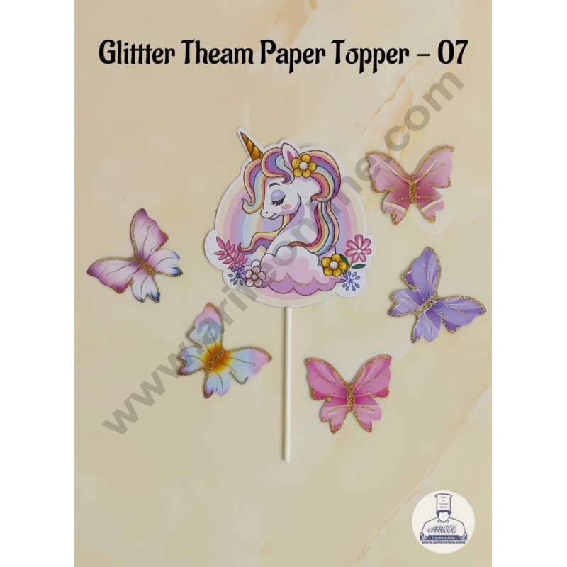 CAKE DECOR 6 pcs Unicorn Tag with Multi Colour Glitter Butterfly Paper Topper For Cake And Cupcake