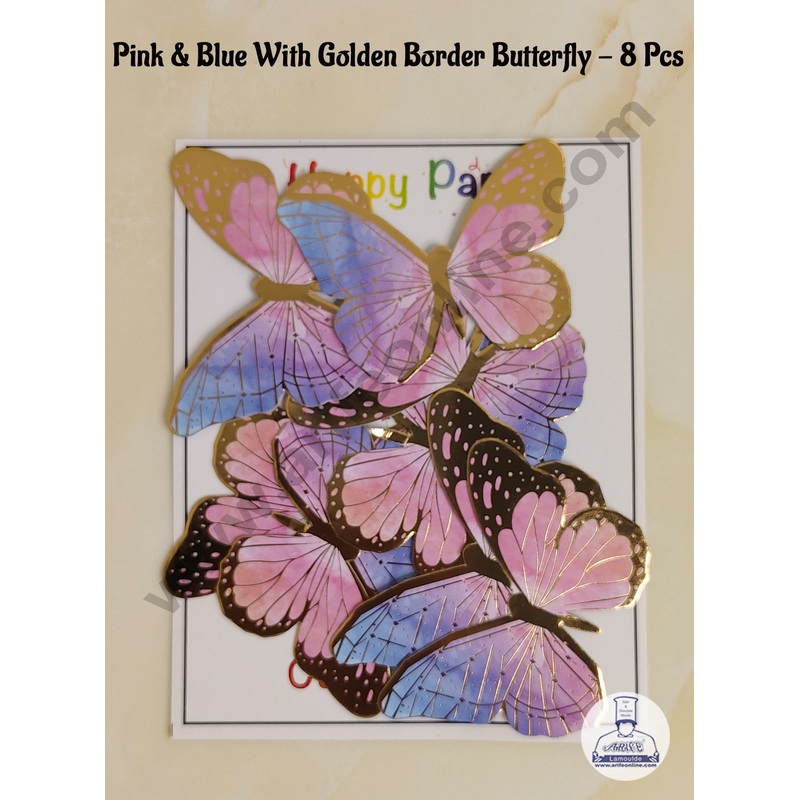 CAKE DECOR 8 Pc Pink & Blue Colour Butterfly With Golden Border Paper Topper For Cake And Cupcake