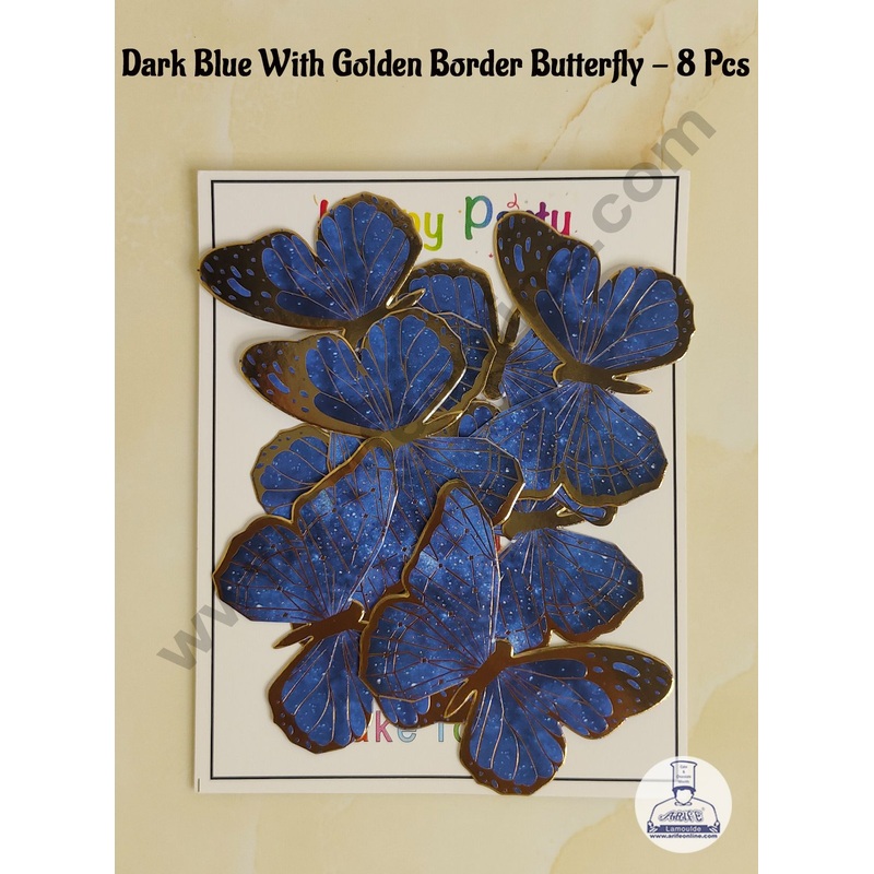 CAKE DECOR 8 Pcs Dark Blue Butterfly With Golden Border Paper Topper For Cake And Cupcake