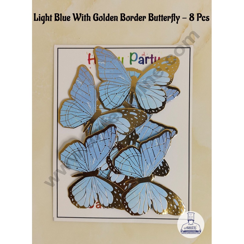 CAKE DECOR 8 Pcs Light Blue Butterfly With Golden Border Paper Topper For Cake And Cupcake