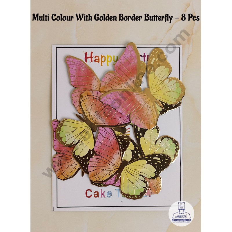 CAKE DECOR 8 Pcs Multi Colour Butterfly With Golden Border Paper Topper For Cake And Cupcake