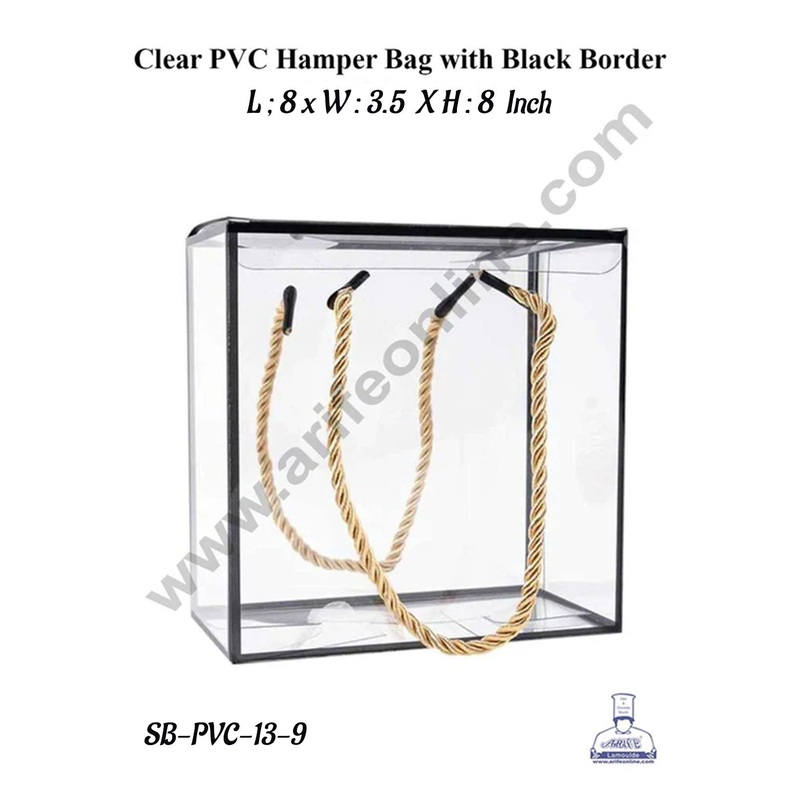 CAKE DECOR Big Clear PVC Hamper Bag with Black Border - 8 X 3.5 X 8 Inch| Gift Box | Gift Bag with Handle (5 Pcs Pack)