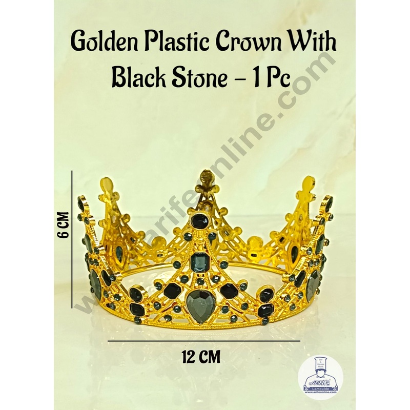CAKE DECOR Golden Plastic Crown With Black Stone Topper For Cake And Cupcake Decorations - Gold