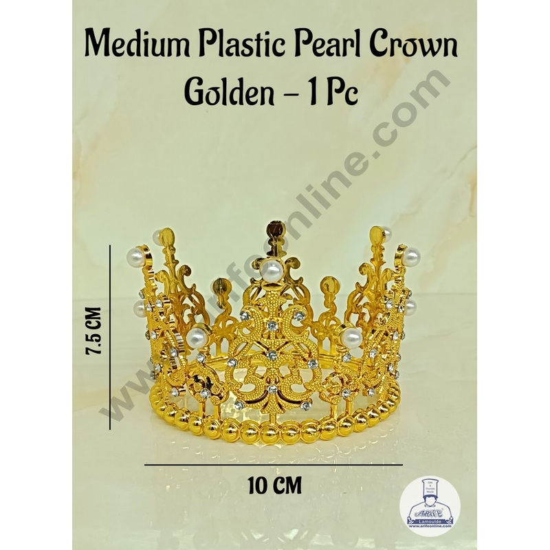 CAKE DECOR Medium Plastic Pearl Crown Topper For Cake And Cupcake Decorations - Gold