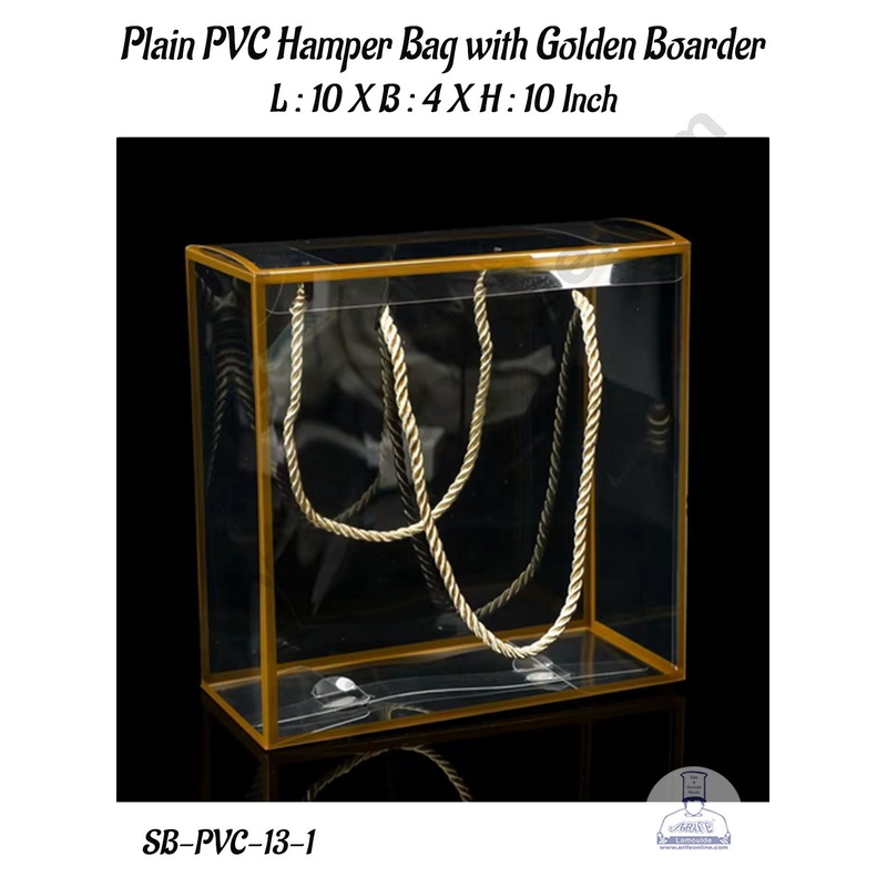 CAKE DECOR Plain PVC Hamper Bag with Golden Boarder - 10 X 4 X 10 Inch | Gift Box | Gift Bag with Handle (5 Pcs Pack)