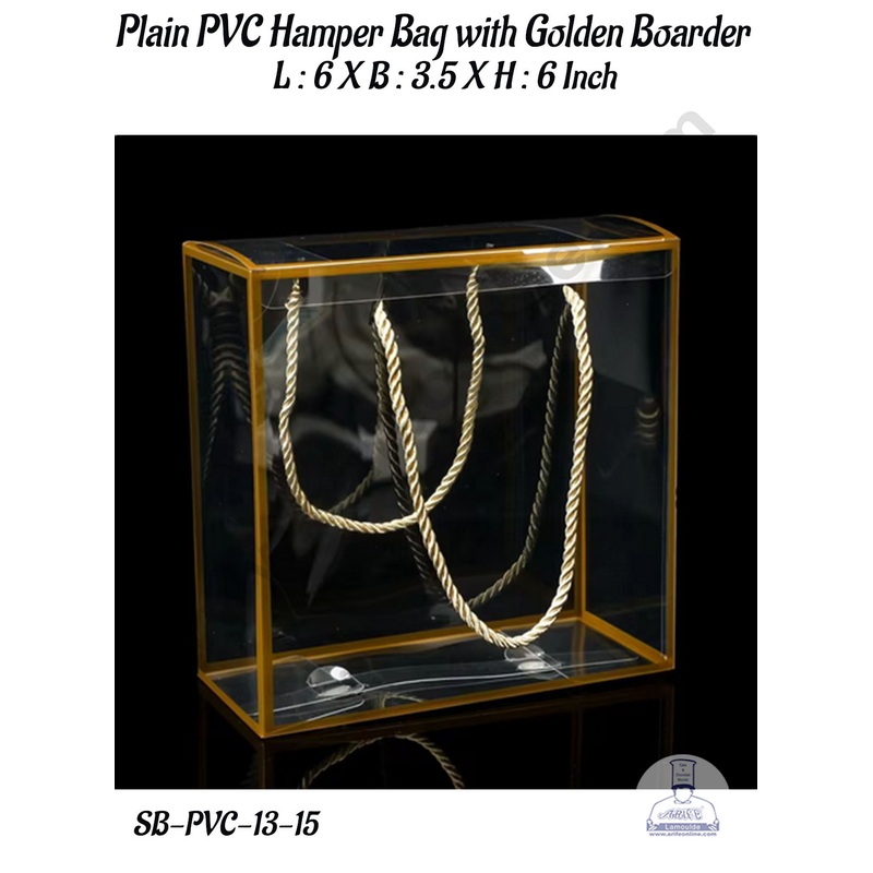 CAKE DECOR Plain PVC Hamper Bag with Golden Boarder - 6 X 3.5 X 6 Inch | Gift Box | Gift Bag with Handle (5 Pcs Pack)