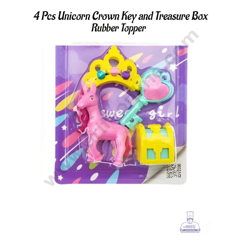 CAKE DECOR Unicorn Crown Key and Treasure box Rubber Topper - 4 Pcs Pack | Return Gifts