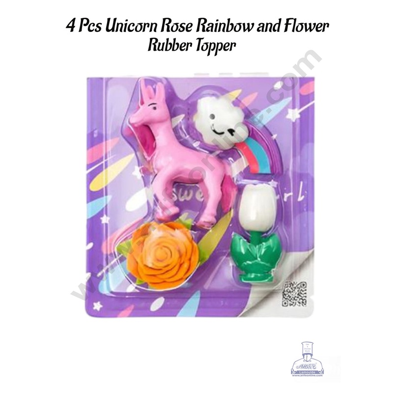 CAKE DECOR Unicorn Rose Rainbow and Flower Rubber Topper - 4 Pcs Pack | Return Gifts