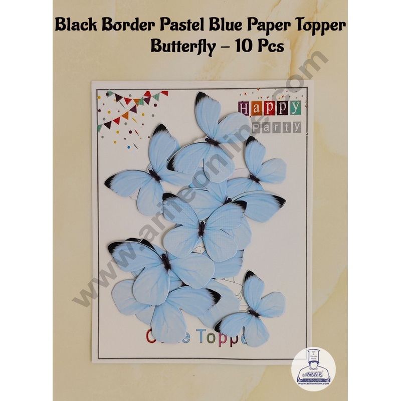 CAKE DECOR 10 Pc Black Border Pastel Blue Colour Butterfly Paper Topper For Cake And Cupcake Decoration