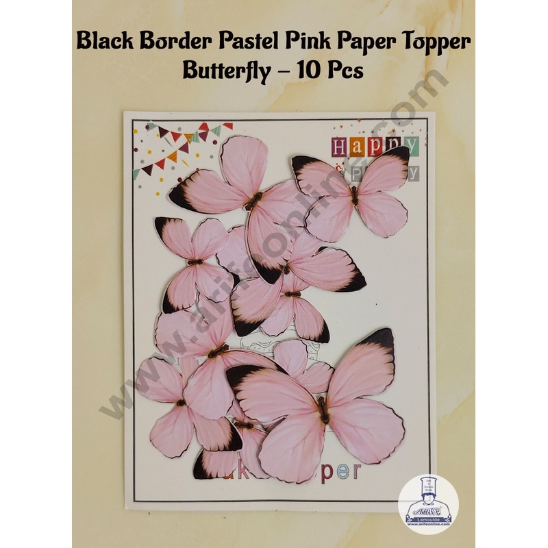 CAKE DECOR 10 Pc Black Border Pastel Pink Colour Butterfly Paper Topper For Cake And Cupcake Decoration