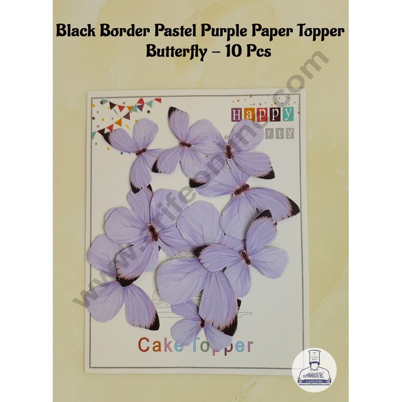CAKE DECOR 10 Pc Black Border Pastel Purple Colour Butterfly Paper Topper For Cake And Cupcake Decoration