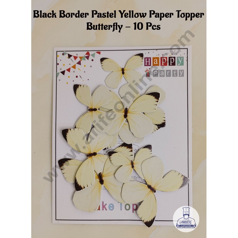 CAKE DECOR 10 Pc Black Border Pastel Yellow Colour Butterfly Paper Topper For Cake And Cupcake Decoration