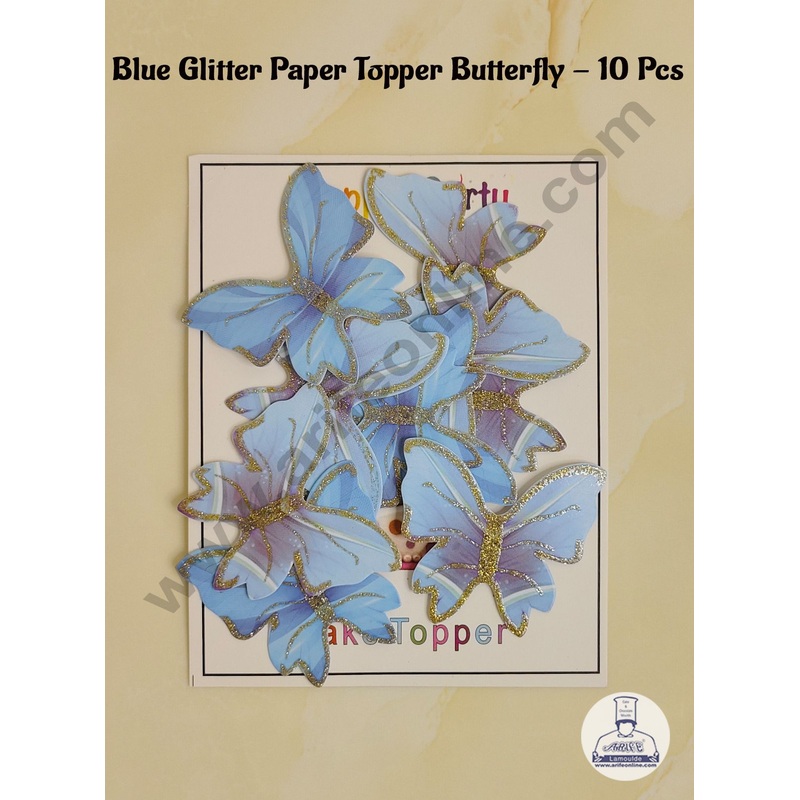 CAKE DECOR 10 Pc Blue Glitter Butterfly Paper Toppers for Cake and Cupcake Decorations