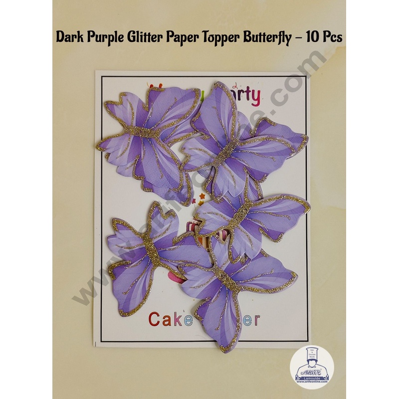 CAKE DECOR 10 Pc Dark Purple Glitter Colour Butterfly Paper Topper For Cake And Cupcake Decoration