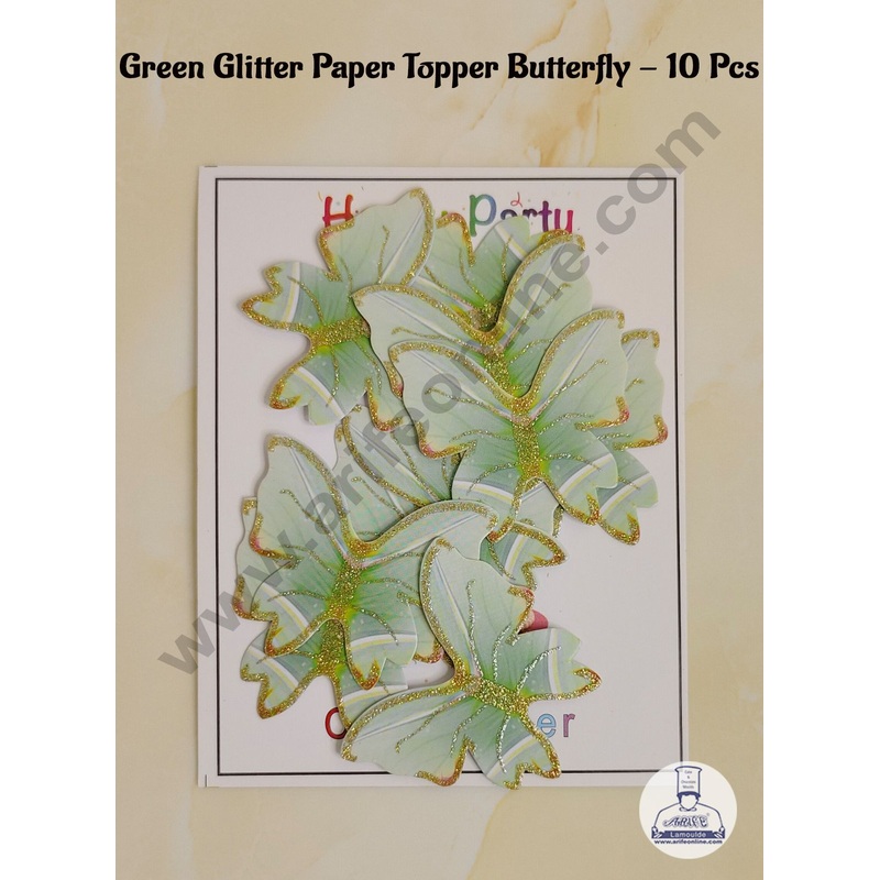 CAKE DECOR 10 pc Green Glitter Colour Butterfly Paper Topper For Cake And Cupcake Decoration