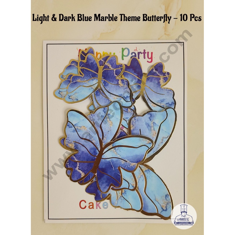 CAKE DECOR 10 Pc Light & Dark Blue Marble Theme Butterfly With Golden Border Paper Topper For Cake And Cupcake Decoration