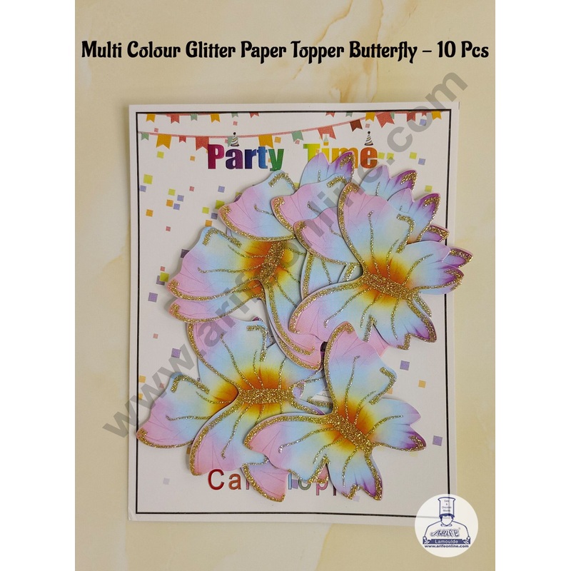 CAKE DECOR 10 Pc Multi Colour Glitter Butterfly Paper Topper For Cake And Cupcake Decoration