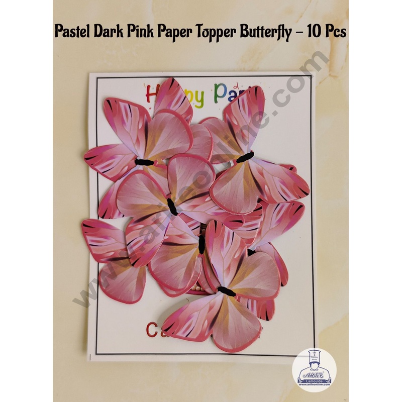 CAKE DECOR 10 Pc Pastel Dark Pink Colour Butterfly Paper Topper For Cake And Cupcake Decoration