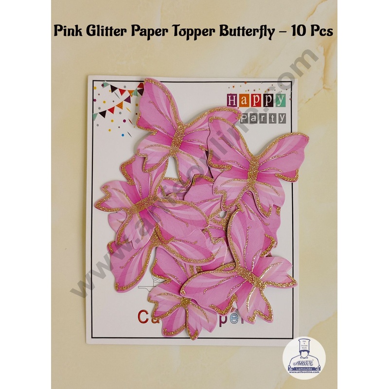 CAKE DECOR 10 Pc Pink Glitter Colour Butterfly Paper Topper For Cake And Cupcake Decoration