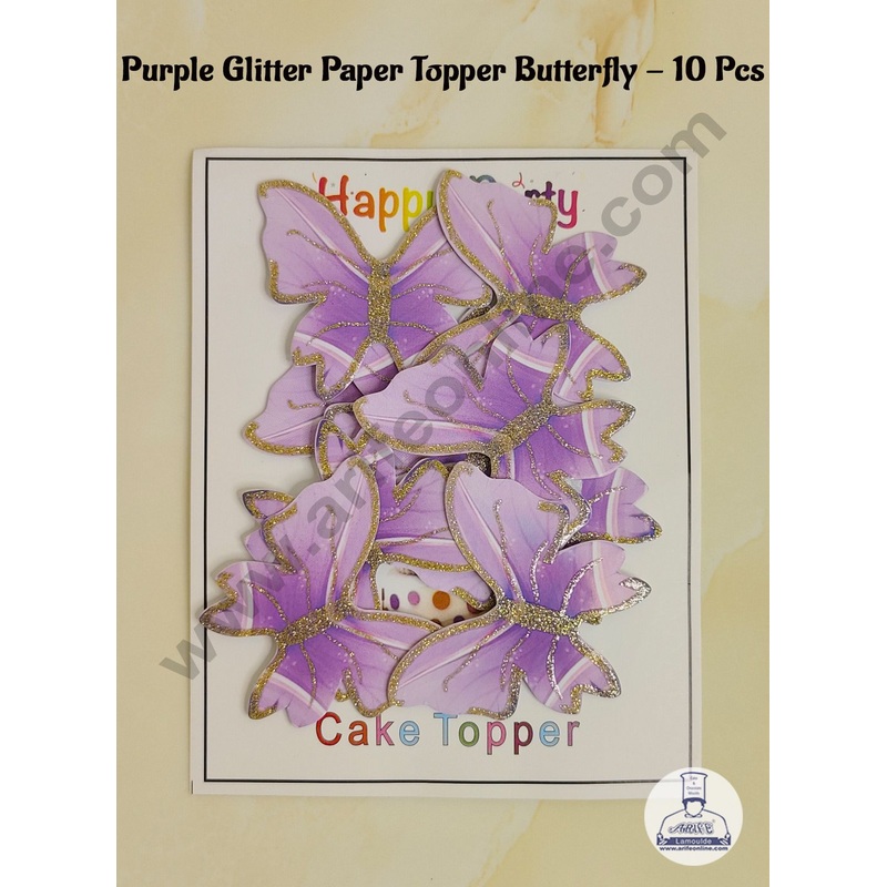 CAKE DECOR 10 Pc Purple Glitter Colour Butterfly Paper Topper For Cake And Cupcake Decoration