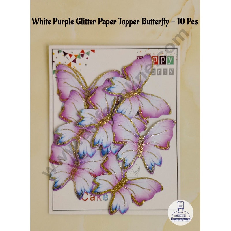 CAKE DECOR 10 Pc White Purple Glitter Colour Butterfly Paper Topper For Cake And Cupcake Decoration