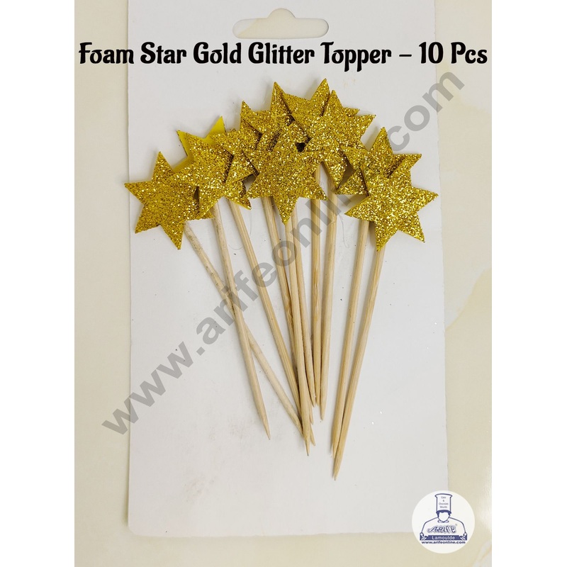CAKE DECOR 10 Pcs Foam Star Gold Glitter Topper For Cake And Cupcake Decoration