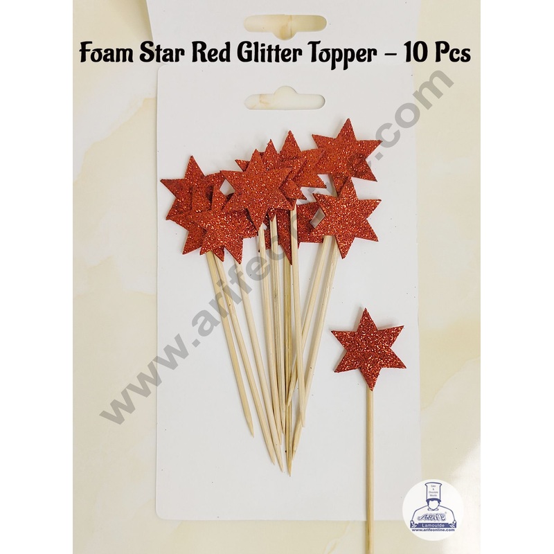 CAKE DECOR 10 Pcs Foam Star Red Glitter Topper For Cake And Cupcake Decoration