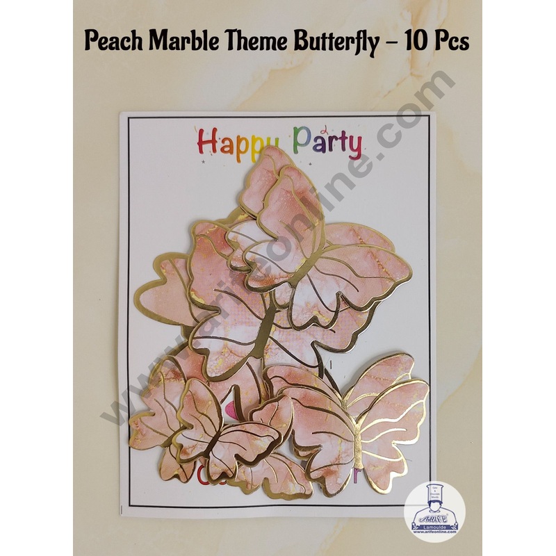CAKE DECOR 10 Pcs Peach Marble Theme Butterfly With Golden Border Paper Topper For Cake And Cupcake