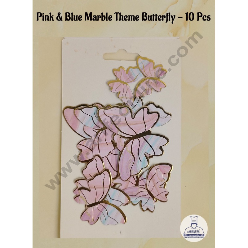 CAKE DECOR 10 Pcs Pink & Blue Marble Theme Butterfly With Golden Border Paper Topper For Cake And Cupcake