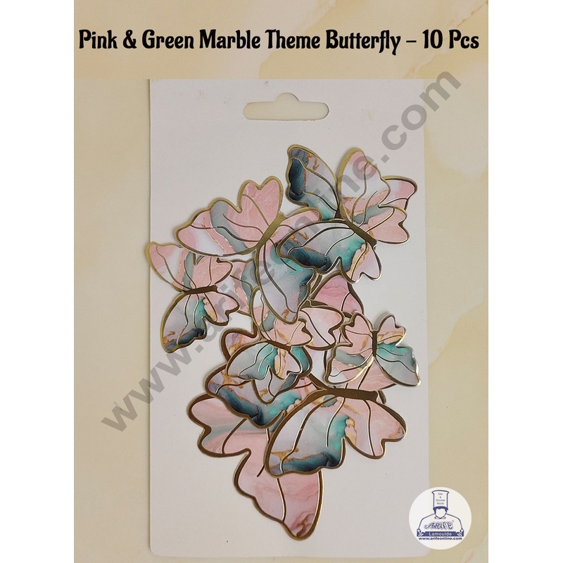 CAKE DECOR 10 Pcs Pink & Green Marble Theme Butterfly With Golden Border Paper Topper For Cake And Cupcake