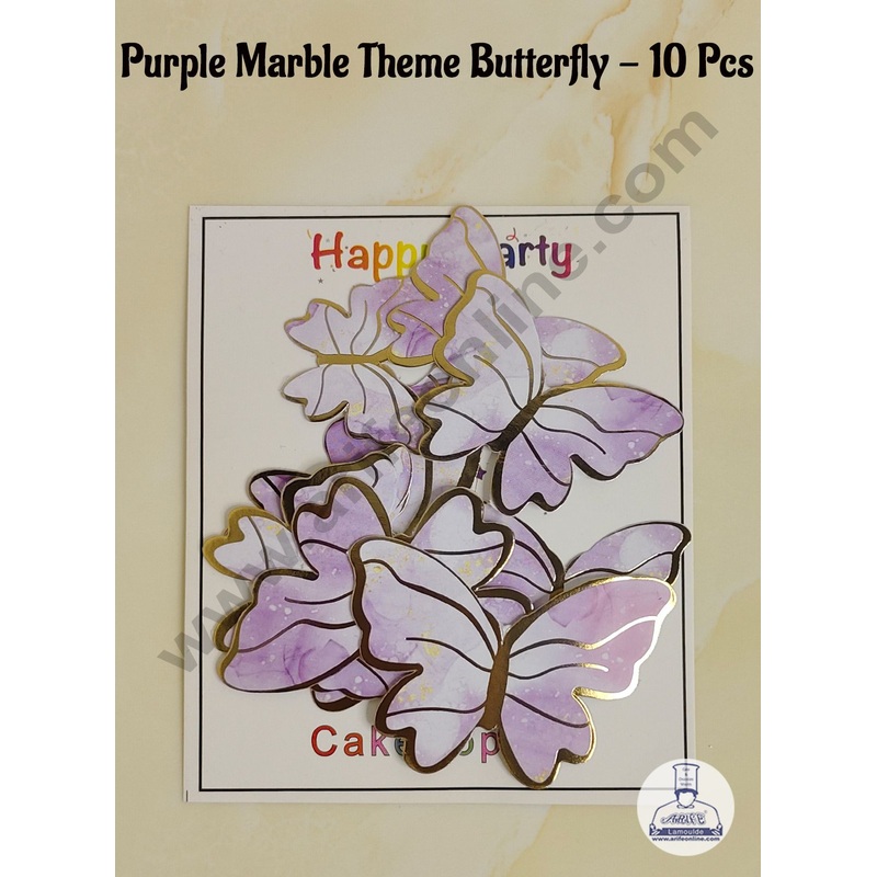 CAKE DECOR 10 Pcs Purple Marble Theme Butterfly With Golden Border Paper Topper For Cake And Cupcake