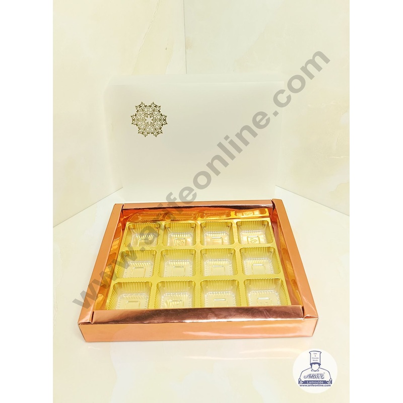 CAKE DECOR 12 Cavity Metallic Design Chocolate Box with Sliding Cover & Cavity ( 10 Piece Pack ) - Rose Gold