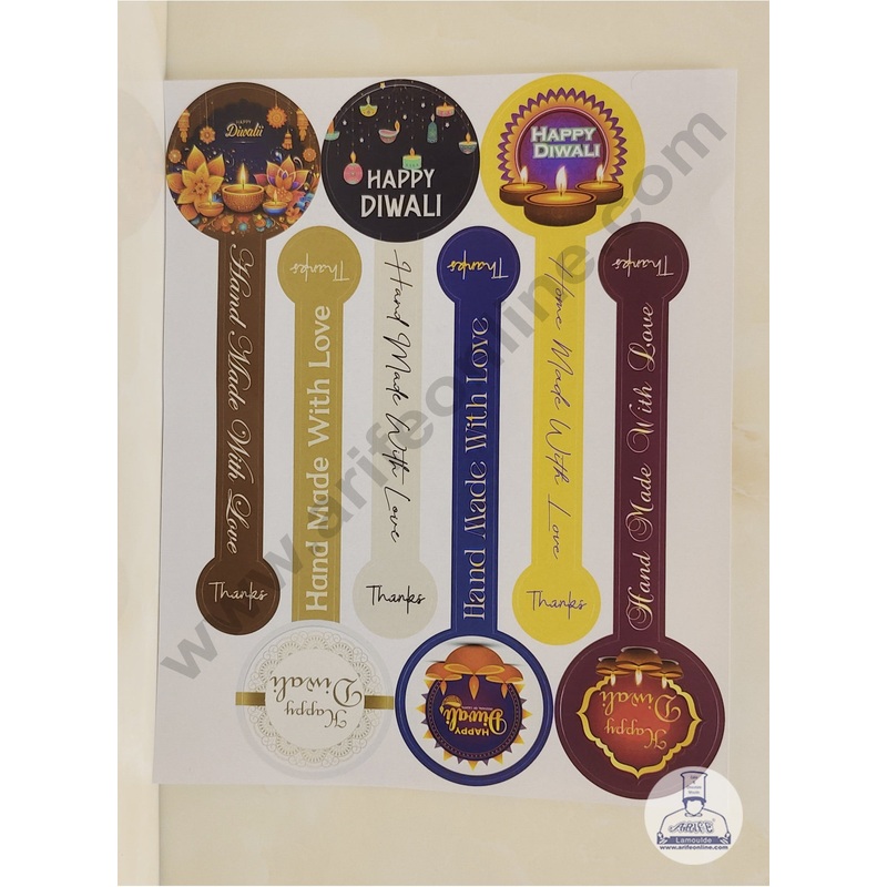 CAKE DECOR 12 Pcs Happy Diwali Long Stickers For Jars, Cookies, Cake Box, Pastry Bags, Hamper Seals, Gifting Labels Bakery Stickers - Multi Color