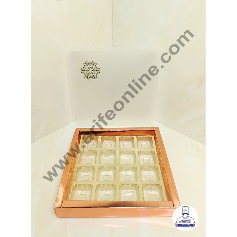 CAKE DECOR 16 Cavity Metallic Design Chocolate Box with Sliding Cover & Cavity ( 10 Piece Pack ) - Rose Gold