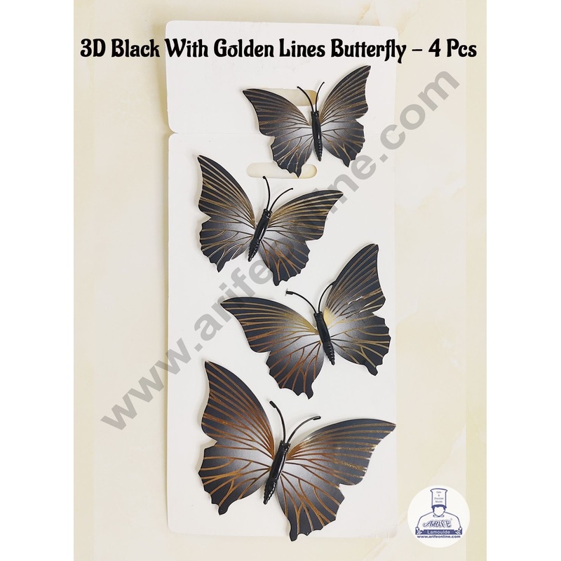 CAKE DECOR 4 Pcs 3D Black Butterfly With Golden Lines  Paper Topper For Cake And Cupcake