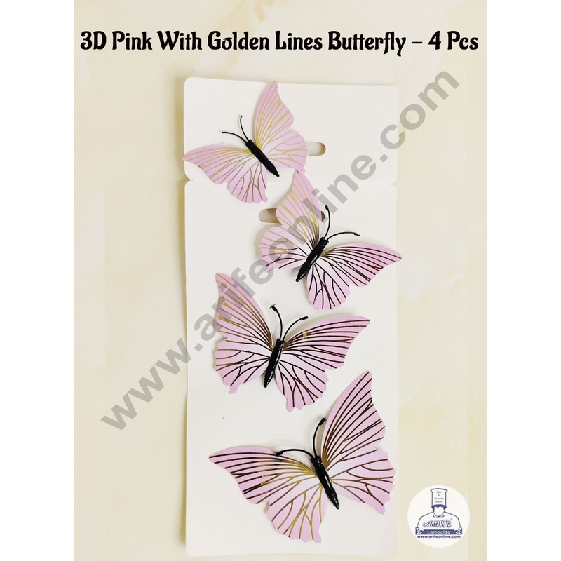 CAKE DECOR 4 Pcs 3D Pink Butterfly With Golden Lines  Paper Topper For Cake And Cupcake