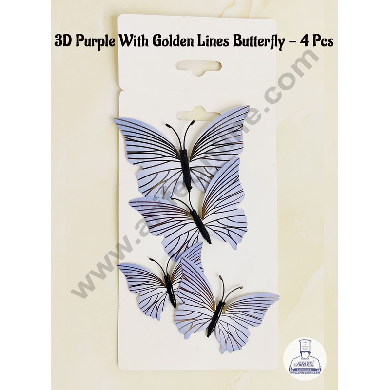 CAKE DECOR 4 Pcs 3D Purple Butterfly With Golden Lines  Paper Topper For Cake And Cupcake