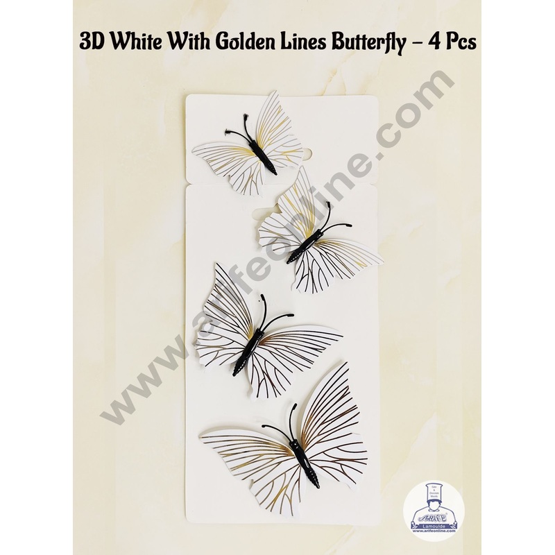 CAKE DECOR 4 Pcs 3D White Butterfly With Golden Lines  Paper Topper For Cake And Cupcake