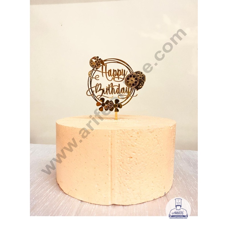 CAKE DECOR 5 inch Golden Acrylic Happy Birthday with Flower Cutout in Round Frame Cake Topper Cake Decoration ( SBMT-1230 )
