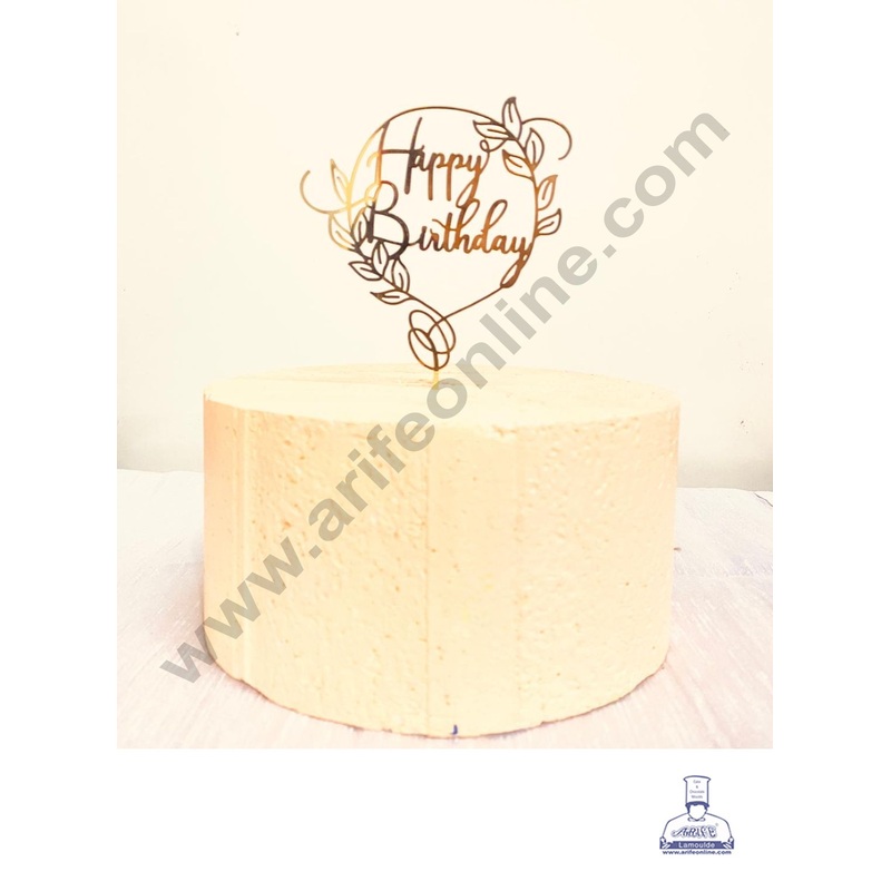 CAKE DECOR 5 inch Golden Acrylic Happy Birthday With Round Leaf Cutout Cake Topper And Dessert Decoration ( SBMT-1234 )