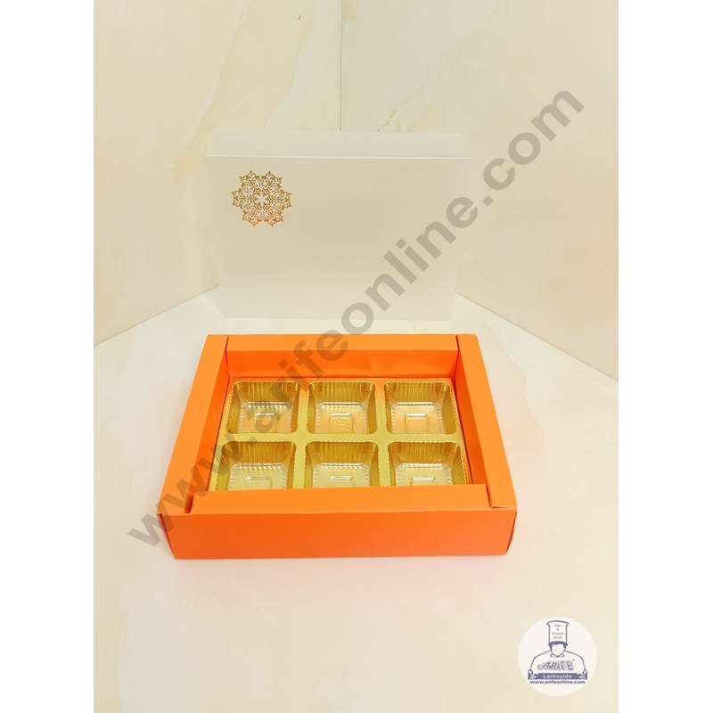 CAKE DECOR 6 Cavity Chocolate Box with Sliding Cover & Cavity ( 10 Piece Pack ) - Orange