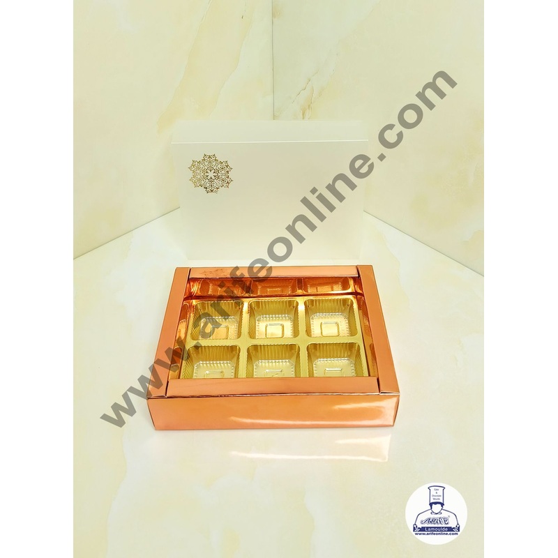 CAKE DECOR 6 Cavity Metallic Design Chocolate Box with Sliding Cover & Cavity ( 10 Piece Pack ) - Rose Gold