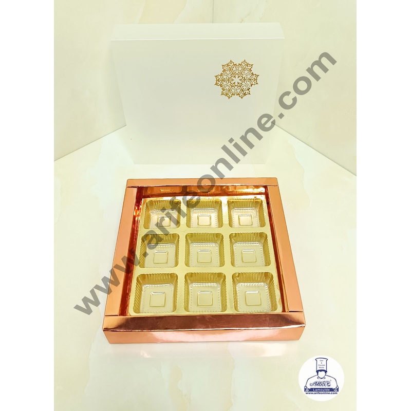 CAKE DECOR 9 Cavity Metallic Design Chocolate Box with Sliding Cover & Cavity ( 10 Piece Pack ) - Rose Gold