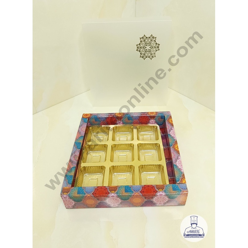 CAKE DECOR 9 Cavity Traditional Design Chocolate Box with Sliding Cover & Cavity ( 10 Piece Pack ) - Multicolor