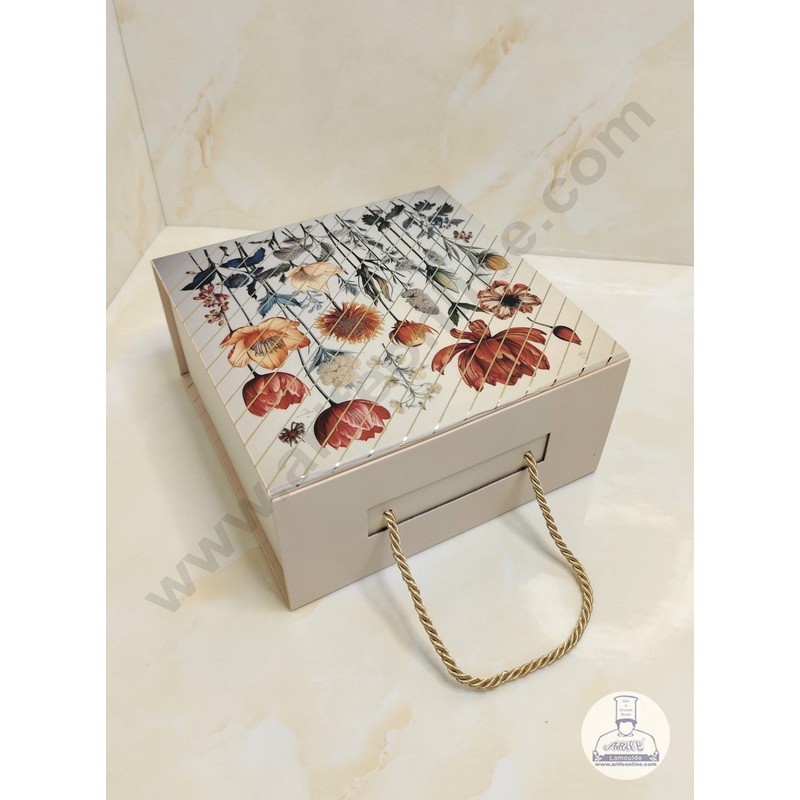 CAKE DECOR Beige Floral Folding Hard Hamper Box With Handle | Gift Box | Present Box - 1 Pc